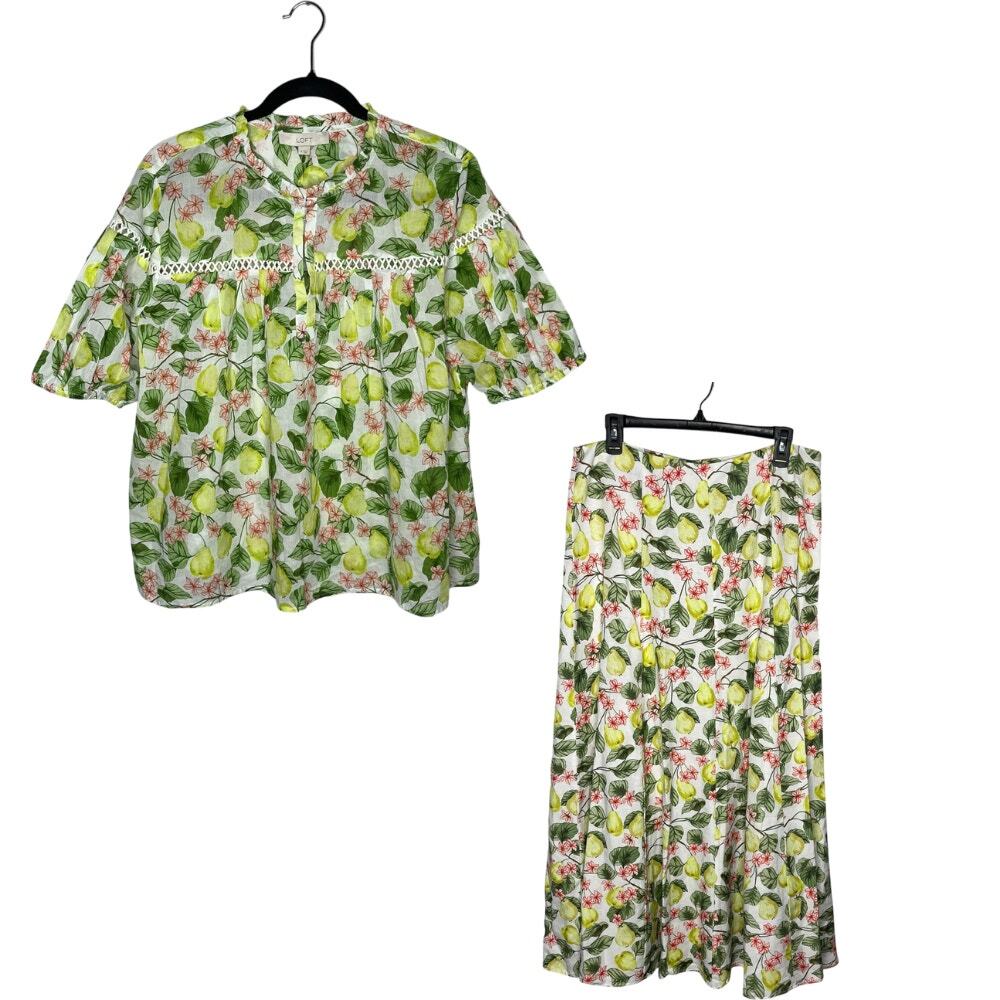 Loft Two Piece Skirt Set Women 8/M White Green Blossom Henley A-Line Pear Floral